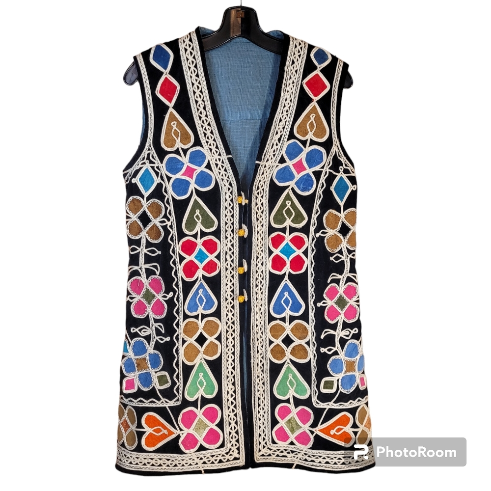 Vintage Boho Tribal Velvet Vest Embroiderd Multicolor Festival Hippie XS